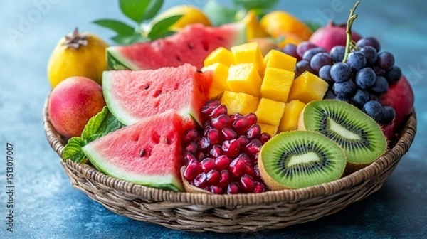 Fototapeta Vibrant Summer Fruit Medley in a Woven Basket, a Delightful and Nutritious Presentation of Seasonal Fruits for Refreshment and Healthy Eating