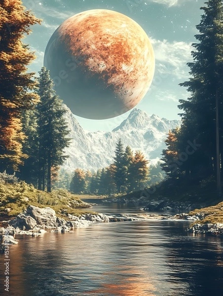 Fototapeta Large planet over a serene forest