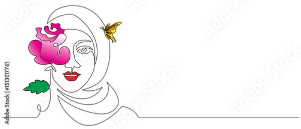 Fototapeta Trendy abstract single line hijab woman face with beautiful flowers and leaves. Continuous line print for posters, logos and more