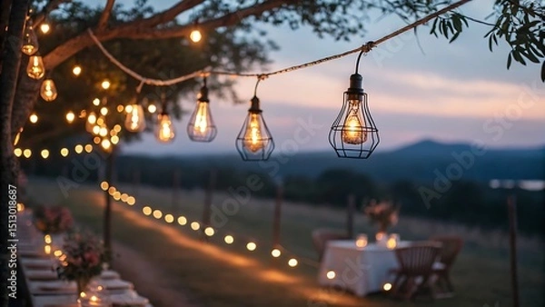 Obraz Outdoor Ambiance Table Settings and String Lights at Twilight