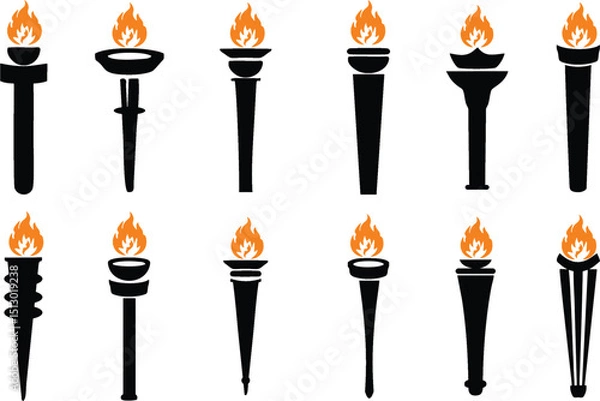 Fototapeta Torch with flame as victory champion icons set isolated on white background. Olympic symbol with red flame. Different style fire flames on white background. Editable vector, EPS 10.