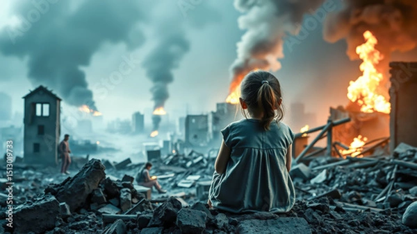 Fototapeta Child sit and gaze at war-torn buildings with deep sorrow. The concept of war devastation, loss, and the impact of conflict on innocent lives. Generative AI.