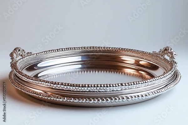 Fototapeta A beautiful, polished silver tray with intricate details, perfect for serving dishes.