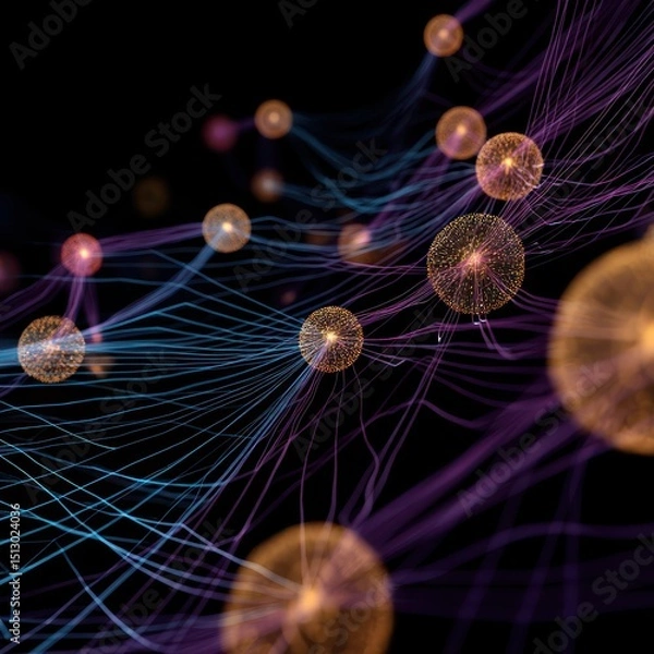 Fototapeta Digital light patterns flowing through a network of data nodes, creating vibrant connectivity.