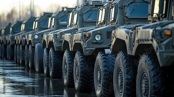Obraz A formidable line of military vehicles showcases modern strength and readiness during a parade or exhibition with a gray