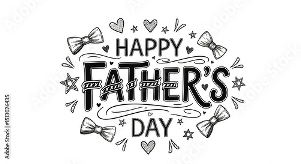 Fototapeta Hand drawn black and white happy fathers day illustration with decorative elements and bow ties