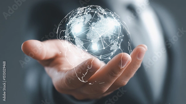Fototapeta Hand holding digital glowing network globe, symbolizing global connection.