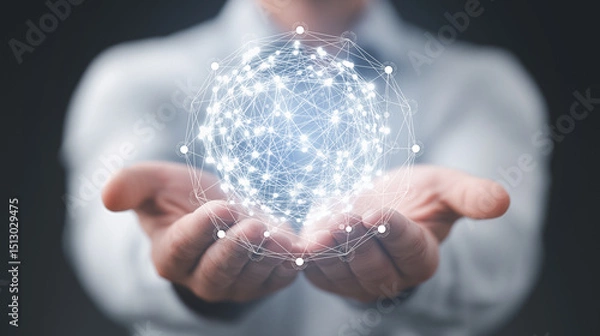 Fototapeta Hand holding digital glowing network globe, symbolizing global connection.
