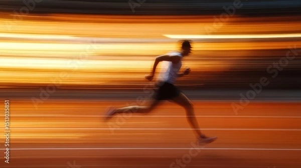Obraz Motion blur of a runner on the track, bathed in golden light. Ideal for concepts about speed, fitness, and peak performance.