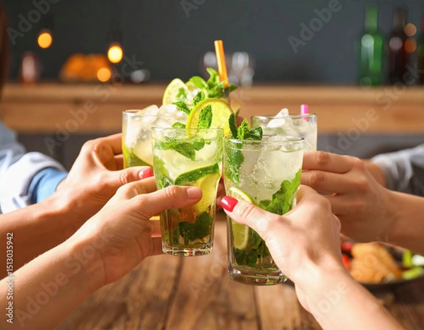 Obraz Group Toasting Mojitos in Dim Bar Light, Festive Evening Moment