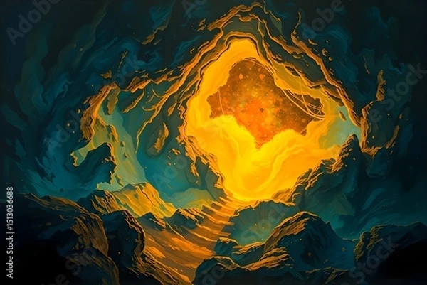 Fototapeta A vibrant painting depicts a glowing, fiery heart within a dark cavern. Swirling blue and orange hues create a mystical and dramatic atmosphere