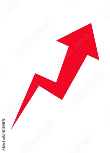 Fototapeta Zigzag upward red arrow symbolizing growth, progress, and success on white background, dynamic isolated graphic for business, finance, statistics, infographics, or presentations.