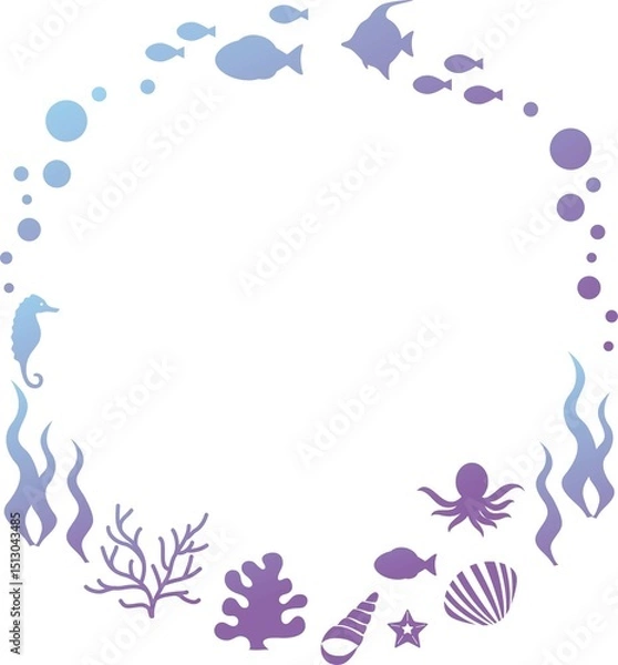 Obraz フレーム　夏　海　シルエット　魚　海藻　デザイン　テンプレート　コピースペース　背景　イラスト素材
