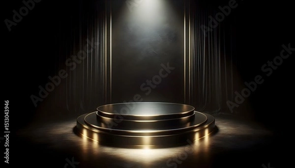 Obraz Metallic gold-edged black podium spotlighted from above with dramatic lighting and dark moody shadows on empty stage conveying luxurious cinematic and sophisticated mood
