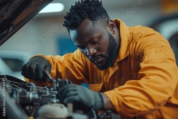 Obraz African American mechanic in yellow worksuit repairs a car engine. Great for automotive, mechanic, or small business advertising use.