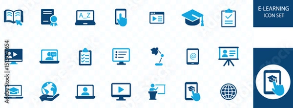 Fototapeta e-learning ICON SET . , school bag, science, biology, university, study, education, knowledge, language, teaching and best solid icon set