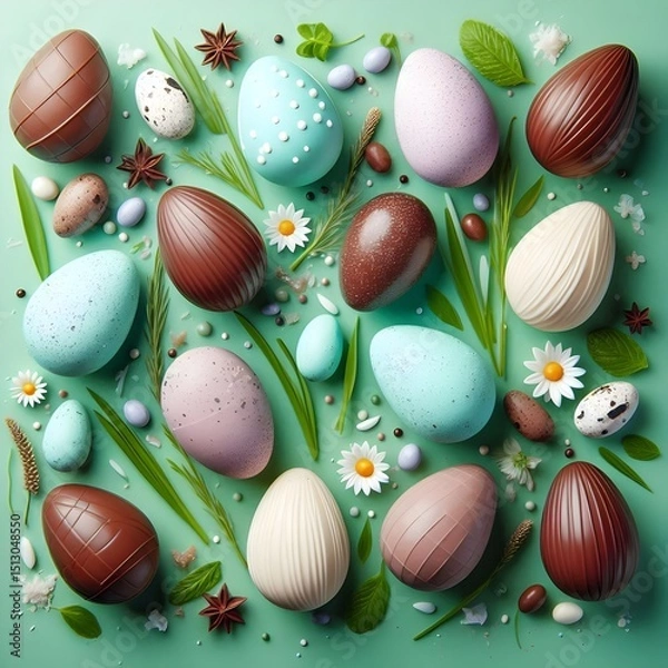 Obraz Flat lay decorative chocolate Easter eggs on natural green grass base with white speckles on smooth and rough surfaces featuring complementary mint and purple shades in modern vector style