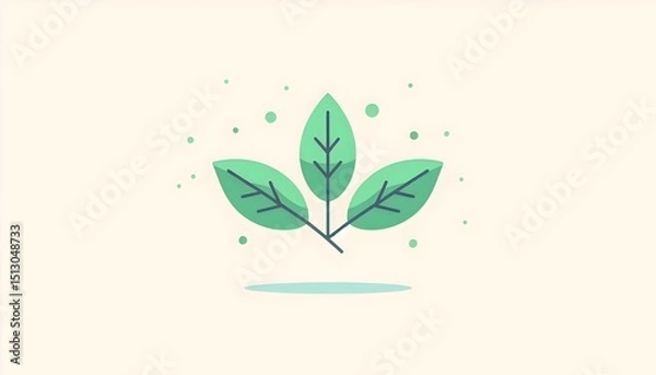 Fototapeta Tranquil natural element represented as lone green leaf or branch flat vector illustration on plain background with soft shadow and isolated minimalistic design