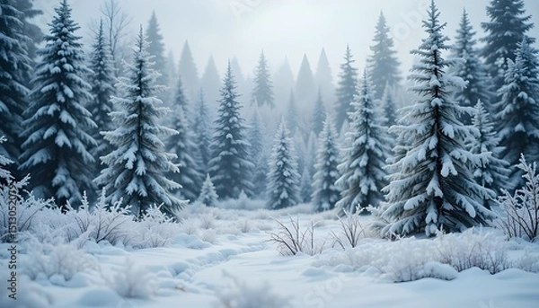 Fototapeta Frosty Winter Landscape in Snowy Forest with Fir Trees and Blurred Background for Christmas and Seasonal Holiday Design
