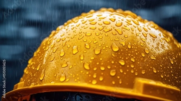 Obraz Yellow hard hat covered in raindrops during heavy rainfall, close-up shot. Illustrates workplace safety in tough weather for construction and related themes.