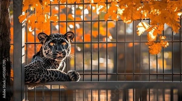 Fototapeta Black leopard in autumnal enclosure
