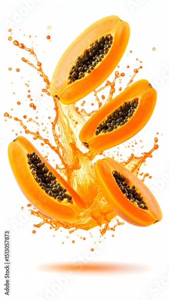 Fototapeta Vibrant papaya slices splashing in a burst of juice against a white background, highlighting freshness and vitality
