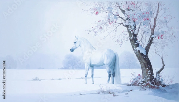 Fototapeta 雪原に佇む馬,Generative AI,AI画像