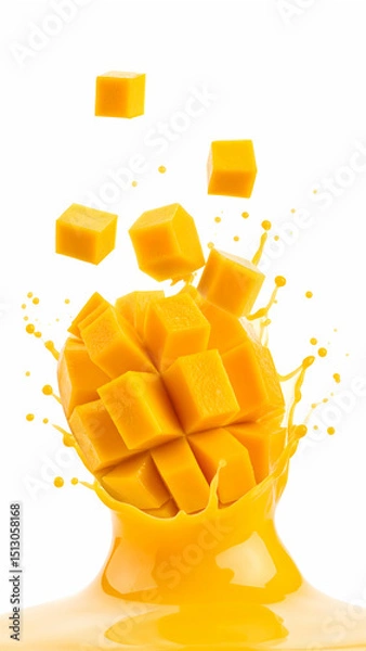 Fototapeta Vibrant splash of mango cubes bursting into a pool of yellow juice, creating an energetic and refreshing scene