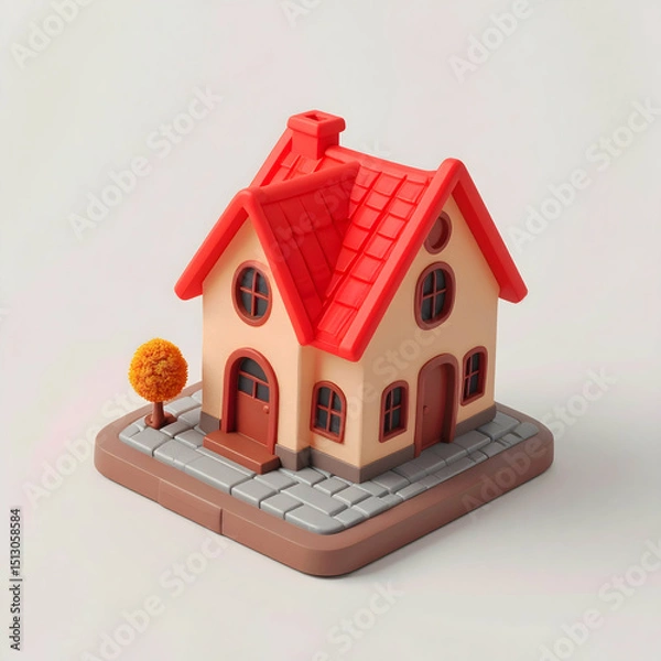 Fototapeta A colorful toy house model with a red roof and a small tree on a gray pathway, perfect for children's playtime and educational purposes