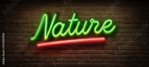 Fototapeta Nature word on glowing neon light. Nature ecology growth environment concept. World earth day holiday. Generative AI technology.