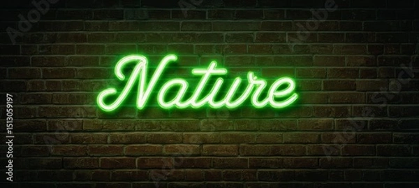 Fototapeta Glow green neon nature word on brick wall. Nature ecology growth environment concept. World earth day holiday. Generative AI technology.