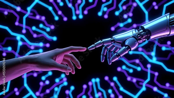 Fototapeta Robotic and human hands poised above a radiant blue purple neural grid with bright light nodes all around