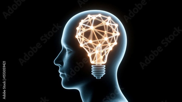 Fototapeta This photorealistic conceptual art shows an intricate glowing light structure materializing within a translucent human head silhouette against a clean dark background perfectly capturing the moment