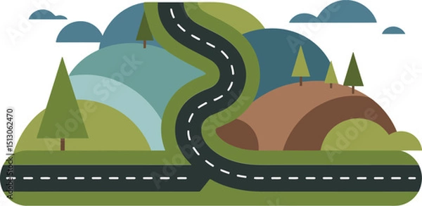 Obraz Minimalist Landscape Illustration with Winding Road, Hills, Trees, and Clouds in Flat Design.