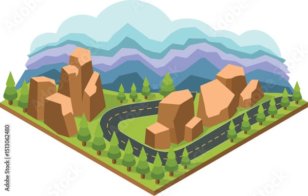 Obraz Isometric landscape with winding road, rocks, trees, and layered mountain background.