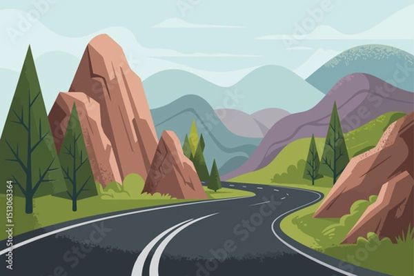 Obraz Winding Road Through Scenic Mountain Landscape with Evergreen Trees and Rock Formations.