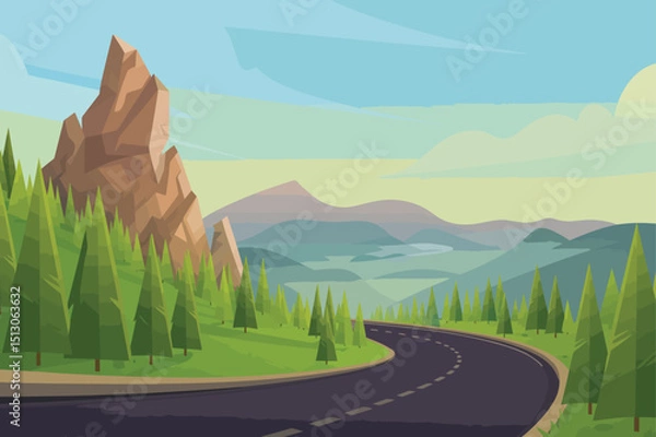Obraz Scenic Mountain Road Illustration with Pine Trees, Blue Sky, and Distant Peaks