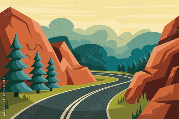 Obraz A Winding Road Through Mountains with Evergreen Trees and a Dreamy Sky.