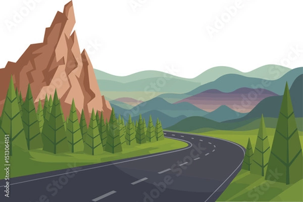 Obraz Winding Road Through a Mountain Landscape with Evergreen Trees and Distant Hills.