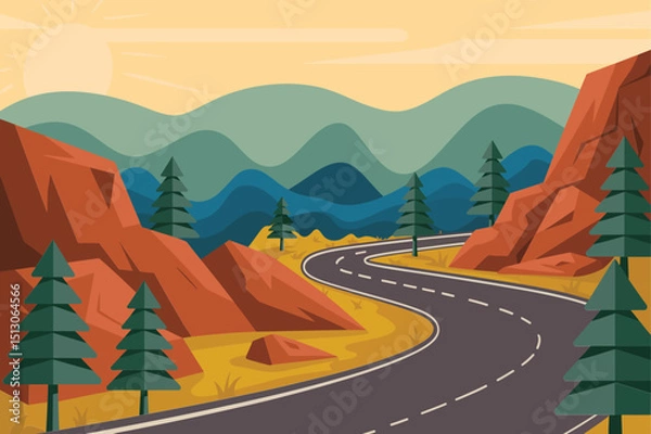 Obraz Scenic Road Trip: Mountain Landscape Illustration with Winding Road and Evergreen Trees