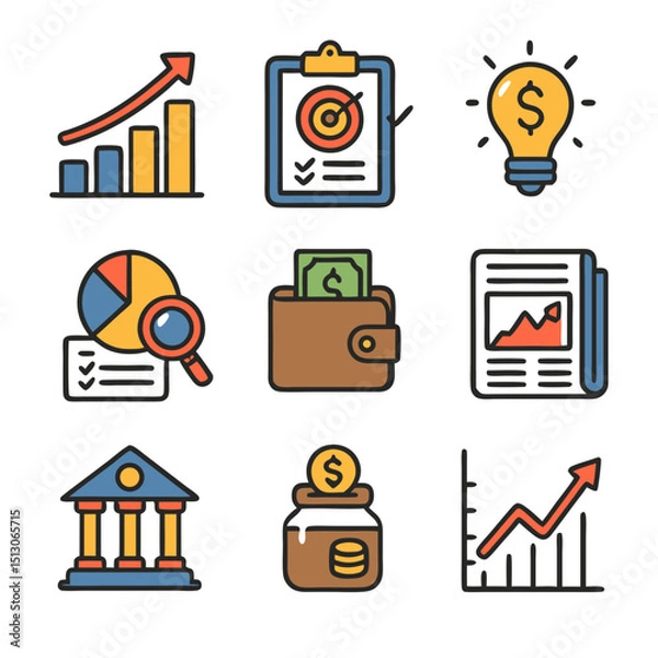Fototapeta Colorful Business Finance Icons Set Growth Chart and Investment Ideas