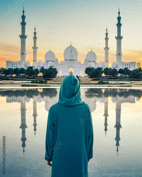 Fototapeta a tourist girl in a muslim dress Abaya pose travel photo while travels through the Great Mosque of Sheikh Zayed in Abu Dhabi
