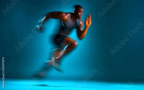 Fototapeta Motion blurred photo of male runner running in action pose with fast pace on bright blue gradient background. Commercial sports photography style.