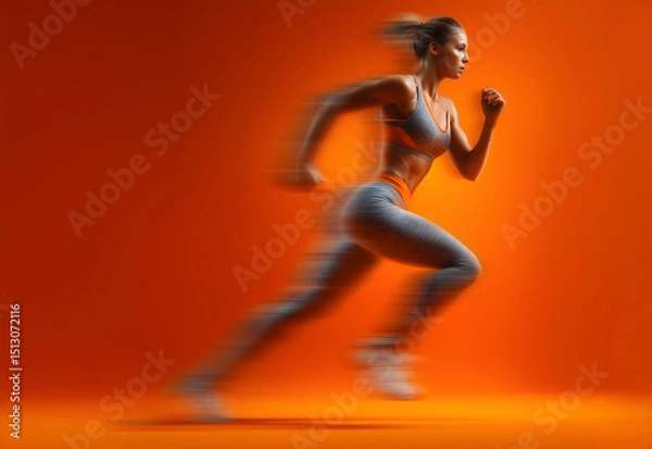 Fototapeta Motion blurred photo of female runner running in action pose with fast pace on bright orange gradient background. Commercial sports photography style.