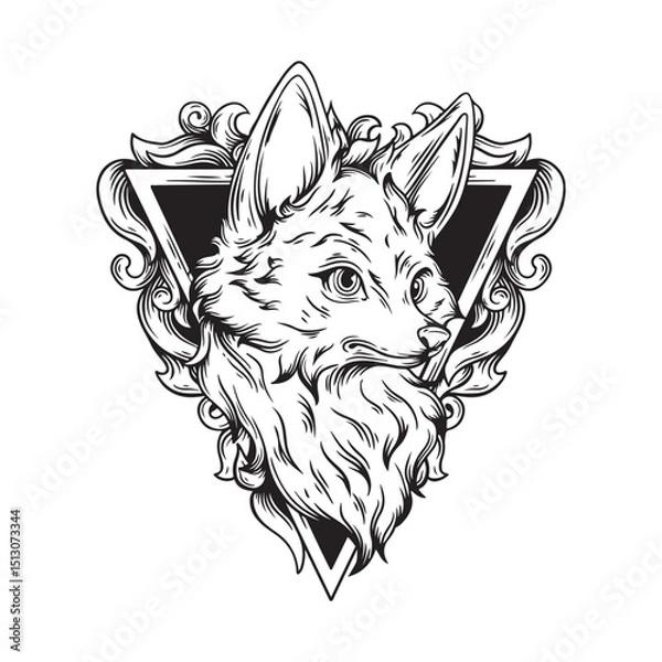 Obraz illustration art hand drawn black and white fox with engraving frame ornament tattoo an t-shirt design