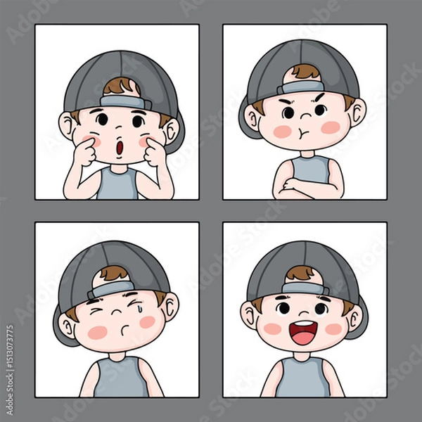 Obraz illustration art cute boy wearing hat with many expression on square frame sticker design	