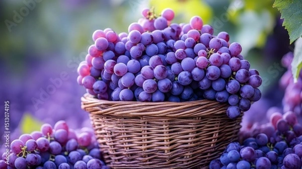 Fototapeta Abundant harvest of Concord grapes overflowing a rustic wicker basket in a sun-drenched vineyard with a backdrop of lush greenery, capturing a sense of nature's bounty