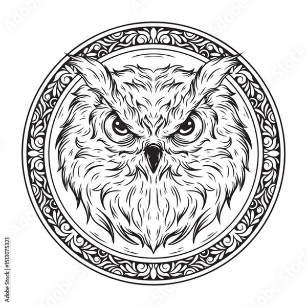 Obraz illustration art black and white hand drawn owl with circle engraving ornament tattoo and t-shirt design