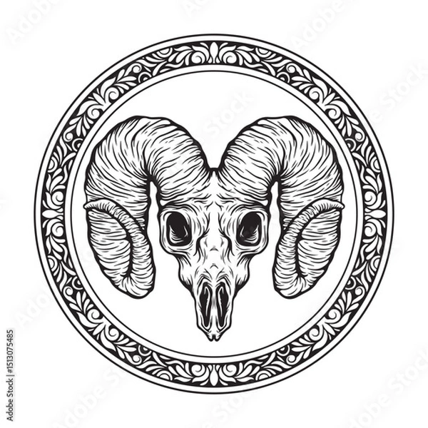 Obraz illustration art hand drawn black and white goat skull with circle engraving frame tatoo and t-shirt design