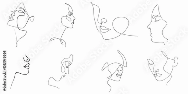 Obraz Set of female face side profile one line vector,Elegant women's faces in one line art style . Continuous line art in minimalistic style for prints, tattoos, posters, textile, cards ,Set of portraits. 